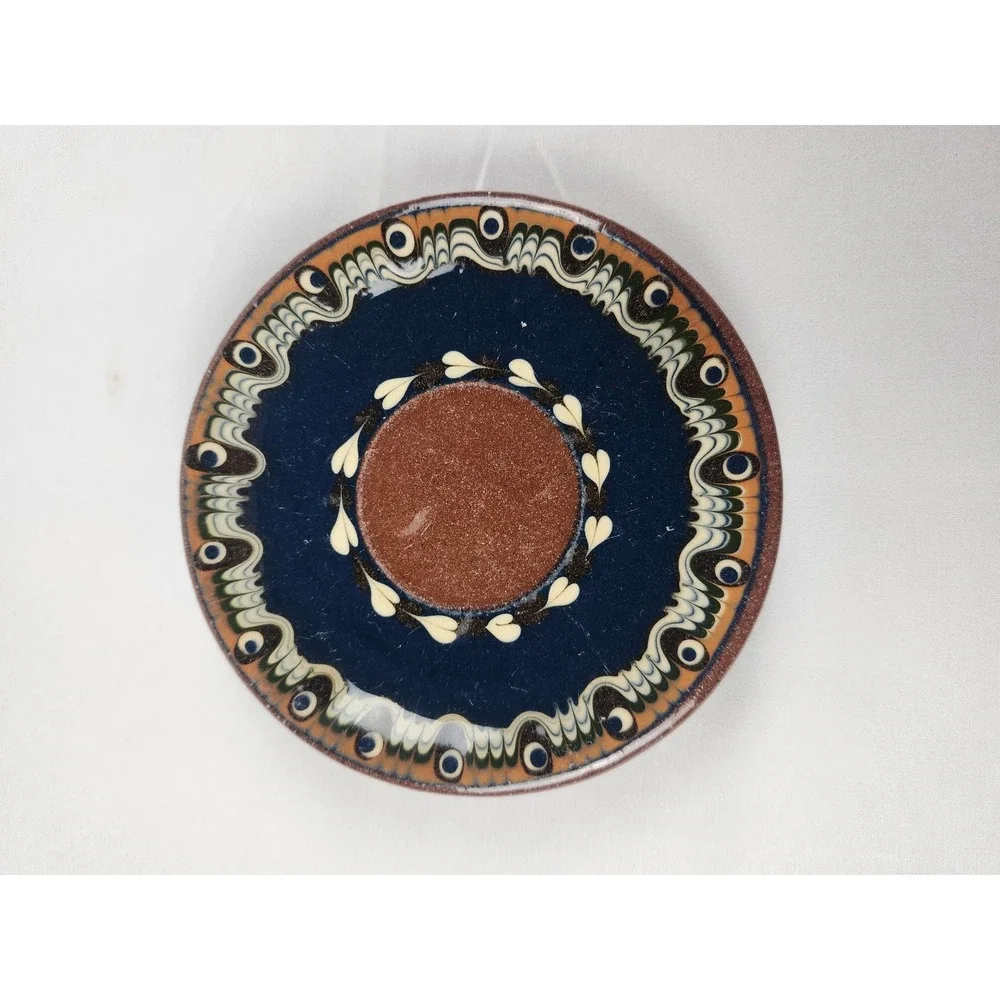 Vintage Bulgarian Troyan Pottery Espresso Cup and Saucer Blue Drip Glaze Ceramic